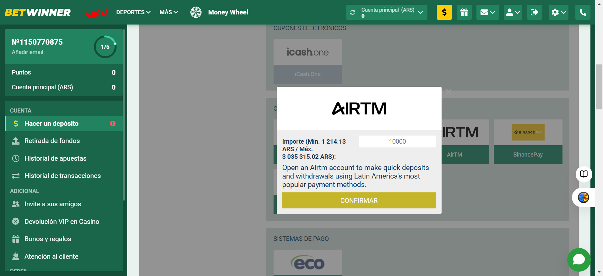 Depósito con AirTM en Betwinner